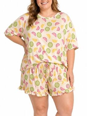 Silks Citrus Print Bamboo Pajama Set XXL Soft Ruffle Lounge Sleepwear